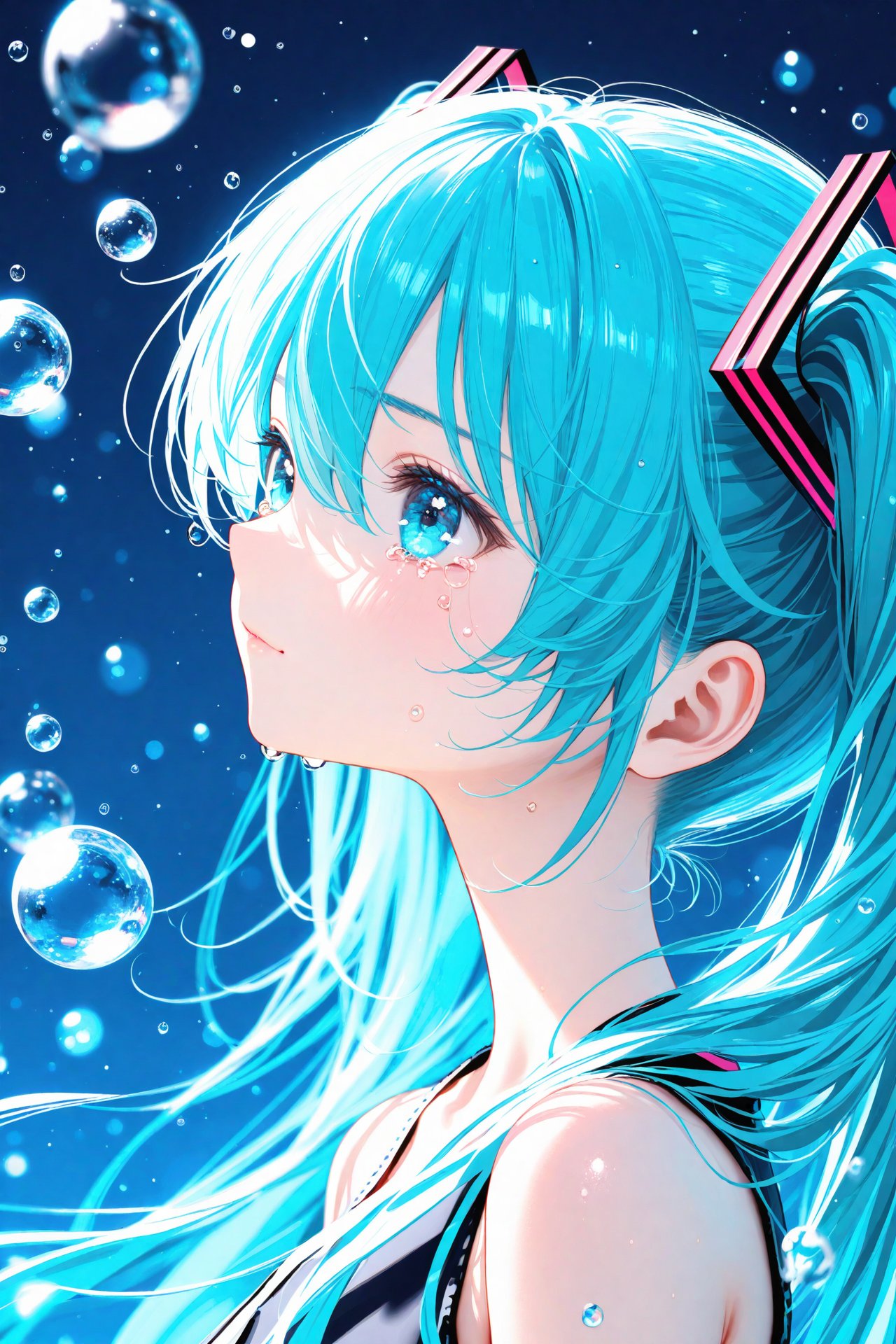 (masterpiece),(best quality),illustration,ultra detailed,hdr,Depth of field,(colorful),nai3 Style, 1girl, solo, hatsune miku, long hair, twintails, tears, from side, profile, crying, bare shoulders, aqua eyes, bubble, portrait, blue hair, hair ornament, crying with eyes open, blurry, blue eyes, aqua hair, hair between eyes, water drop, closed mouth, sleeveless, upper body