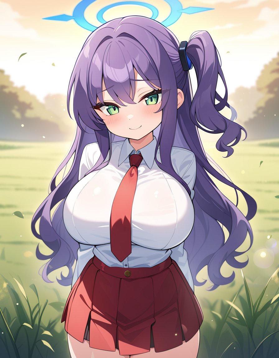 1girl, blue archive, solo, shortstack, long hair, wavy hair, purple hair, green eyes, side ponytail, large breasts, white shirt, collared shirt, seductive smile, red skirt, red necktie, halo, arms behind back, field, lens flare, masterpiece, best quality, very aesthetic, absurdres, anime artwork, anime style, key visual, vibrant, studio anime, highly detailed,