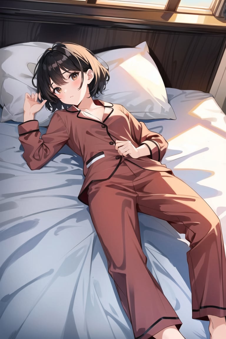 1girl, solo, short hair, brown eyes, pajamas, indoors, bed, lying on bed, full body, 