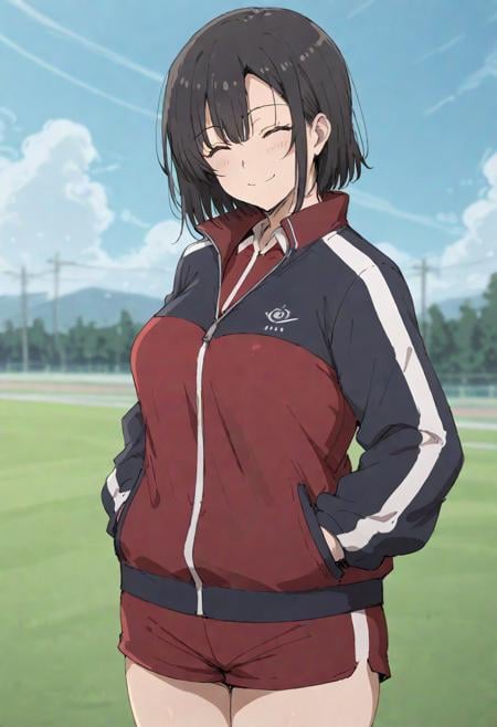 by mdf_an,by alp,score_9,score_8_up,1girl,black hair,closed eyes,shiwahime_yuika,medium breasts,track jacket,red shorts,hands in pocket,outdoors,sky,look at viewer,smile<lora:shiwahime_yuika-000008:0.8> ,