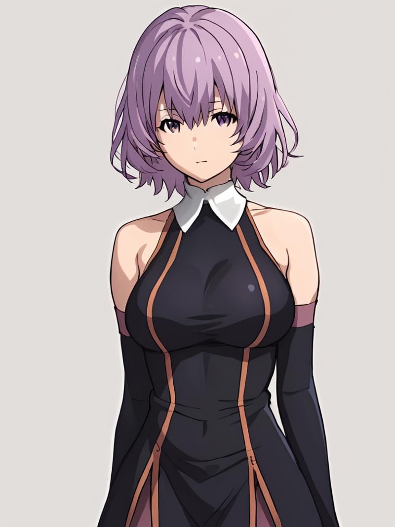 score_9, score_8_up, score_7_up, score_6_up, score_5_up, score_4_up,simple background, plain background,<lora:shihoru-pony-v1:1>, shihoru, purple hair, purple eyes, large breasts, white collar, black dress, arm warmers,