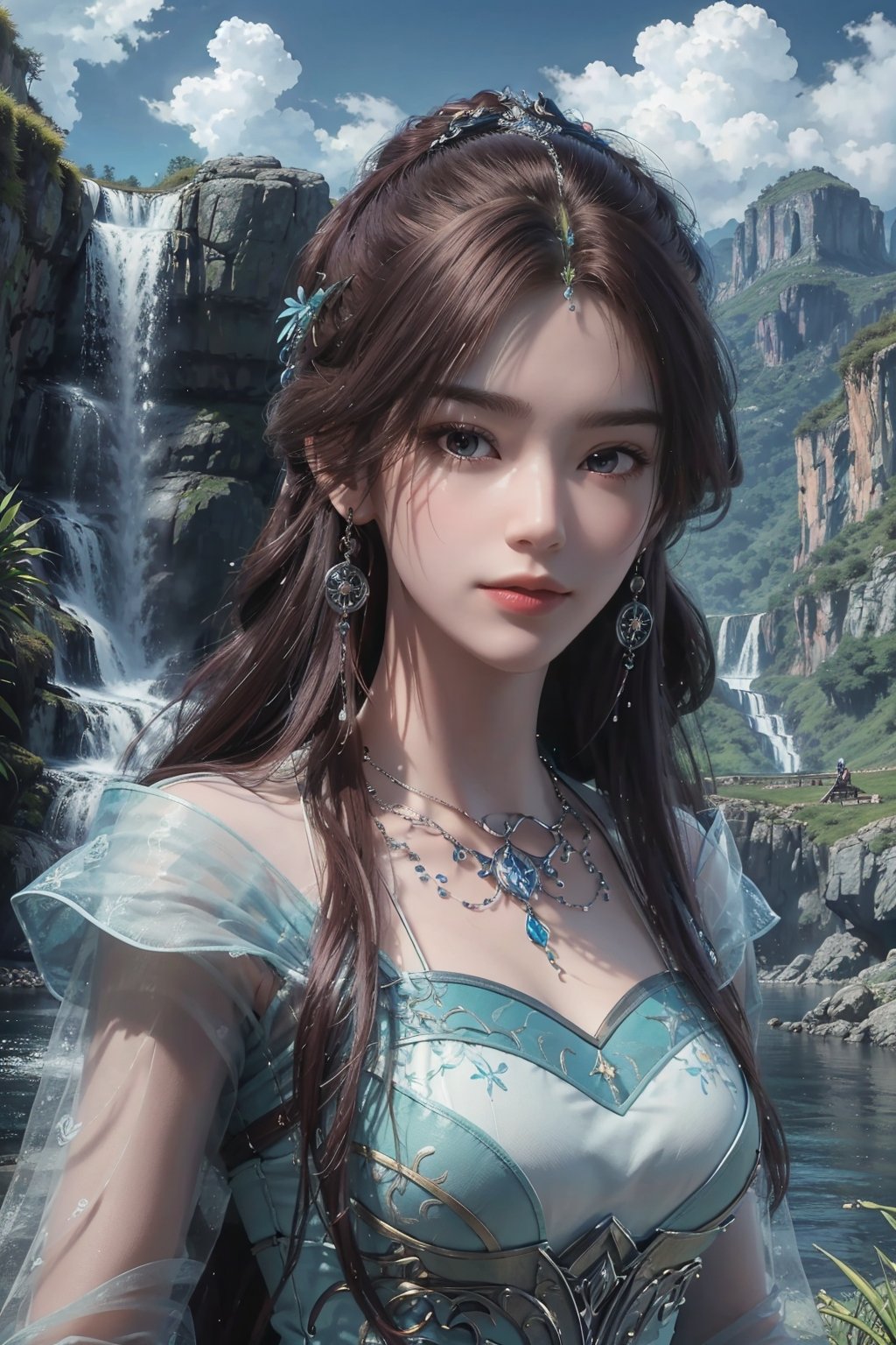 masterpiece,best quality,official art,extremely detailed CG unity 8k wallpaper,1girl,upper body,face,solo,waterfall,mountain,water,<lora:叶倾仙:0.55>,grass,