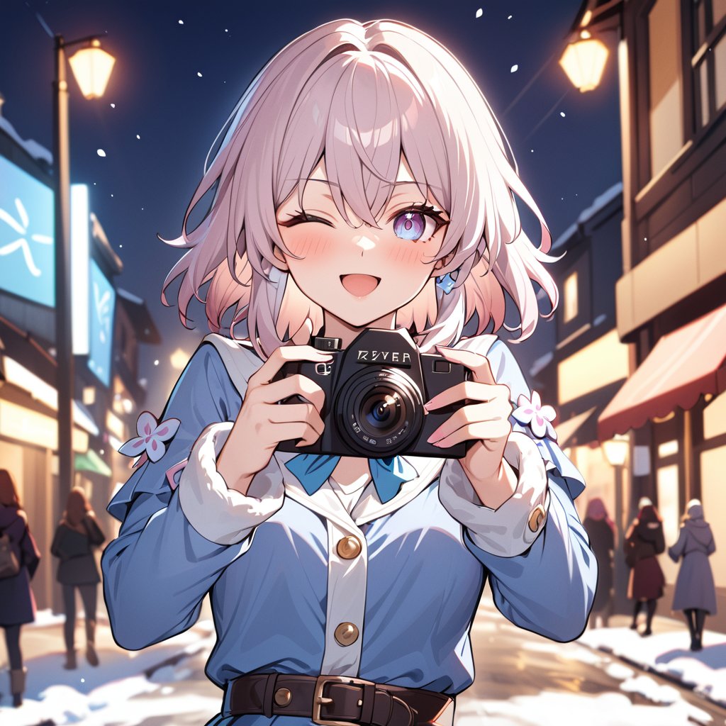 1girl,march7 honkai star rail,holding camera,(one eye closed:1.2),pointing at viewer,outsside,winter,BREAK blurry background,masterpiece,best quality,