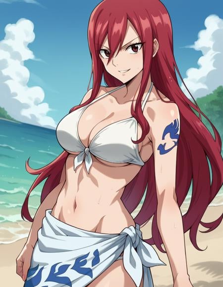 score_9, score_8_up, score_7_up, source_anime,erzascarlet, <lora:erza-scarlet-ponyxl-lora-nochekaiser:1>erza scarlet, long hair, red hair, hair between eyes, brown eyes,navel, swimsuit, bikini, tattoo, white bikini, sarong,outdoors, beach, partially submerged, smile,looking at viewer, dutch angle, cowboy shot