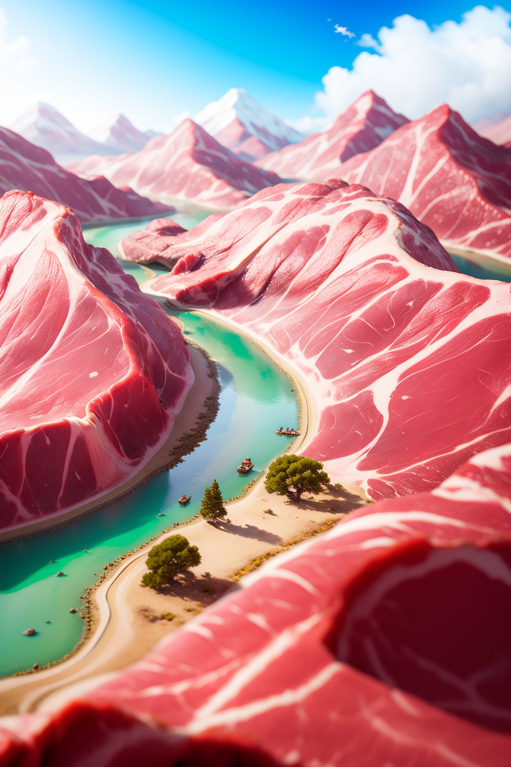 masterpiece,best quality,<lora:微缩世界-美食版:0.9>, miniature  photography,the mountains and rivers formed by meat,