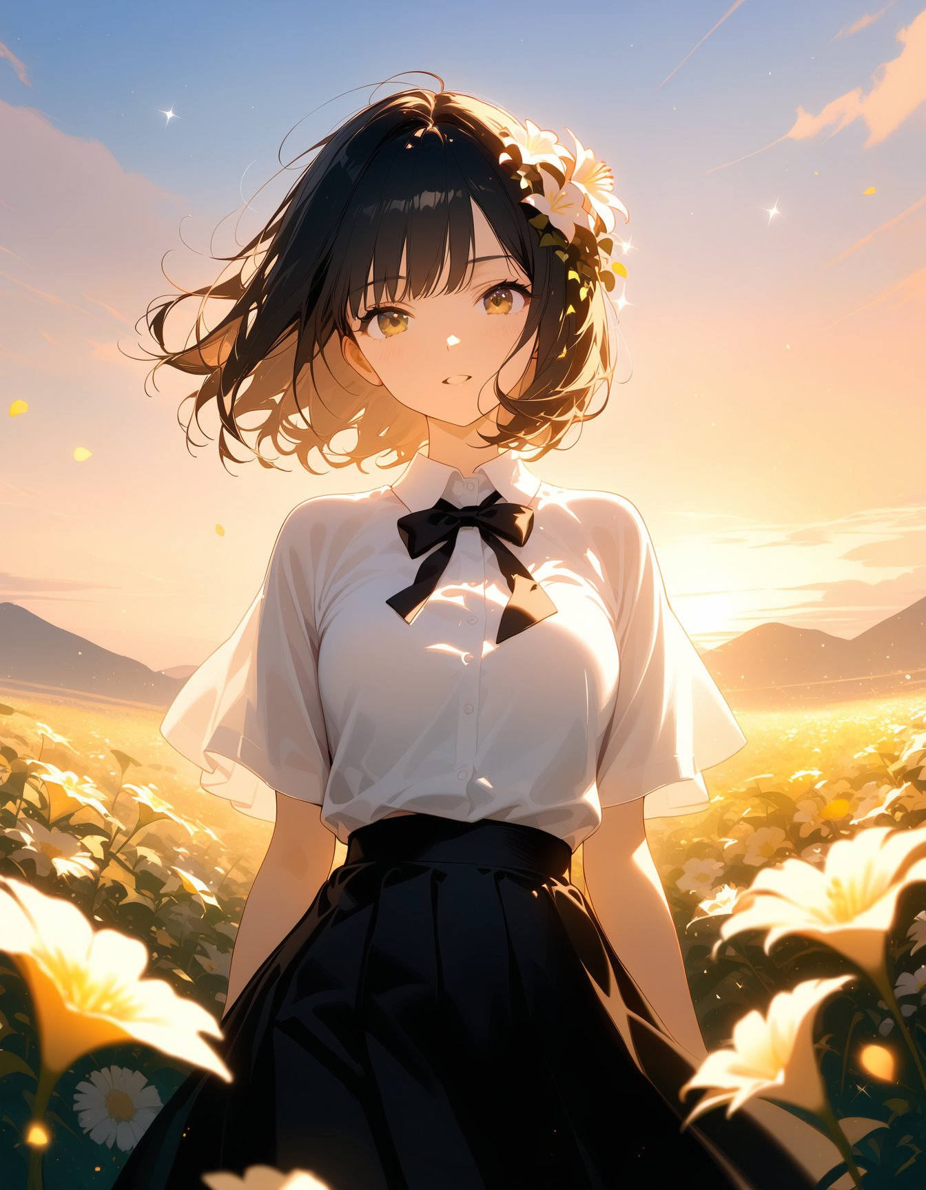 a young woman dressed in a white shirt and a black skirt,standing in a field of flowers. She is wearing a black bow tie and has a flower in her hair. The scene is set during sunset,creating a serene and picturesque atmosphere,masterpiece,best quality,cinematic composition,best lighting,1girl,flower,solo,field,skirt,flower field,outdoors,black hair,shirt,black skirt,sky,bow,cloud,white shirt,standing,bowtie,black bow,sunset,short hair,looking at viewer,cloudy sky,light particle,petals,sparkle,