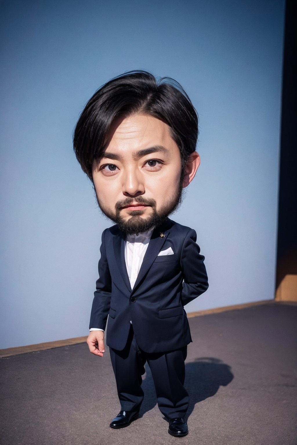 1man, beard, solo, chibi, black hair, suit, jewelry, photorealistic, realistic, looking at viewer, black footwear, full body,