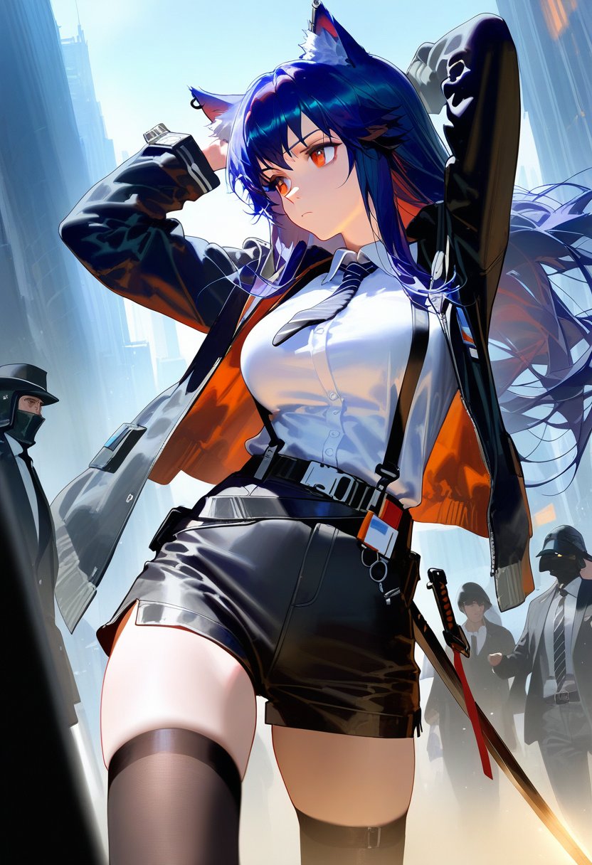 masterpiece, best quality, <lora:WHM 0.2v:1>, WHM,mature female, 1girl, animal ears, solo, texas (arknights), weapon, necktie, sword, black hair, thighhighs, long hair, wolf ears, shirt, shorts, black thighhighs, collared shirt, jacket, holding, arms up, black necktie, black jacket, black shorts, holding sword, wolf girl, holding weapon, white shirt, looking away, long sleeves, striped necktie, animal ear fluff, orange eyes, looking to the side, cowboy shot, striped, blurry foreground, formal, belt, closed mouth, blurry, breasts, suspenders, open jacket, red eyes