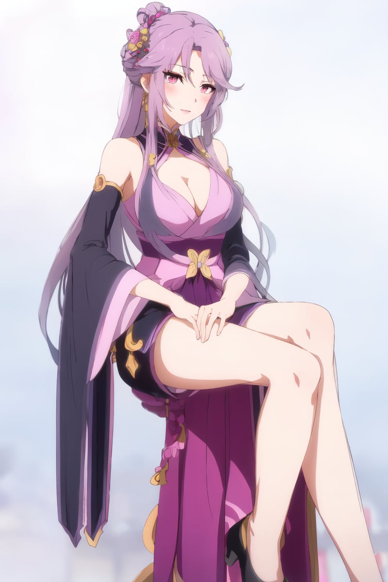 masterpiece, best quality,detailed eyes,solo,blush,full body,1girl,purple hair,long hair, light purple hanfu,detached sleeves,(hair ornament:0.5),(cleavage:0.9), sitting, on stool,((pure pink background)), <lora:A Will Eternal SongJunWan_20230606163903:1> <lora:add_detail:-0.6>