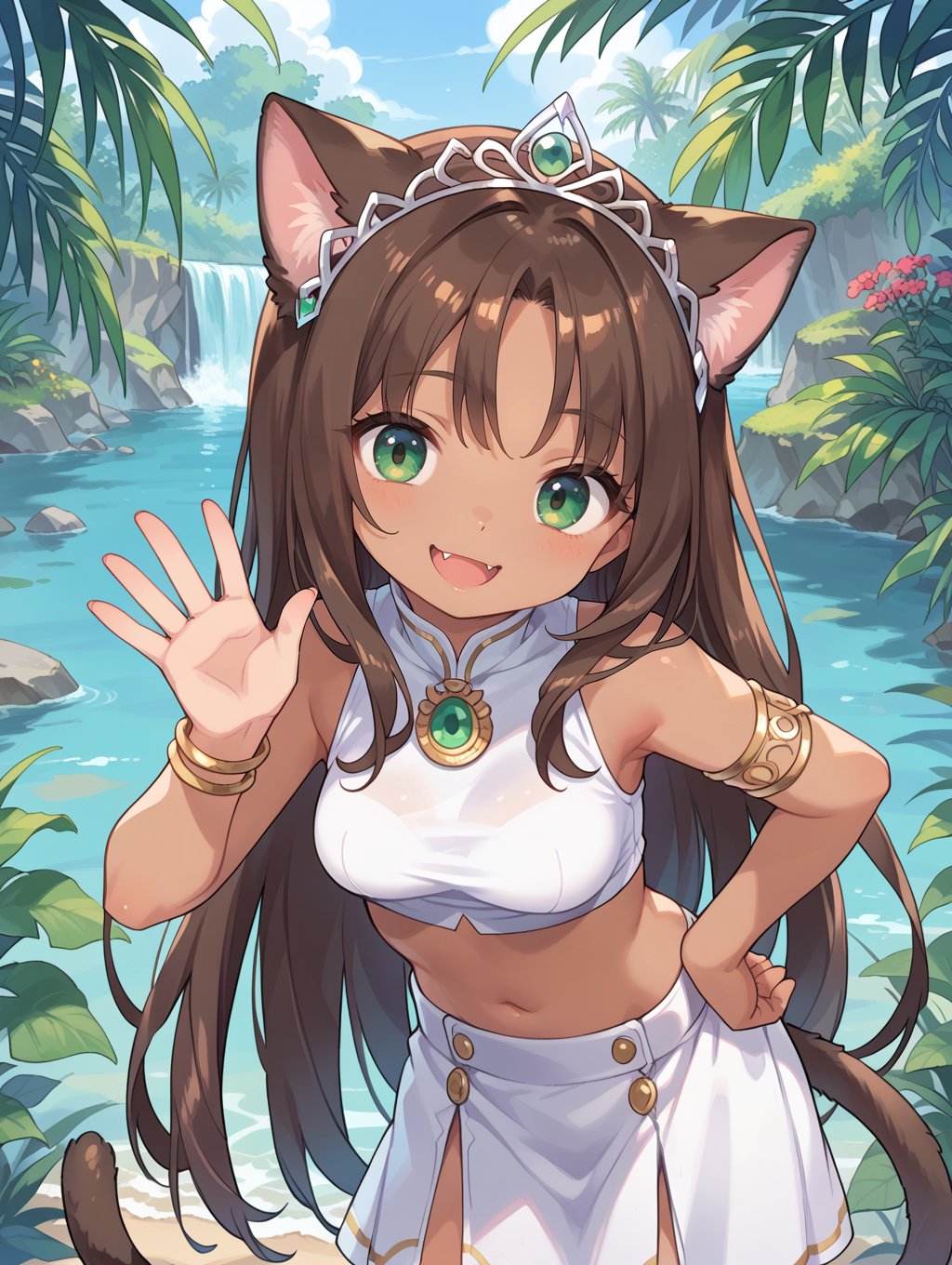 score_9, score_8_up, score_7_up,source_anime,BREAK1girl, brown hair, green eyes, tiara, medium breasts, white skirt, white crop top, cat ears, dark skin, jewelry, very long hair, cat tail, smile, waving, fang, upper body, leaning forward, head tilt, BREAK, smile, looking at viewer, outdoors, water, hand on hip, plant, contrapposto,