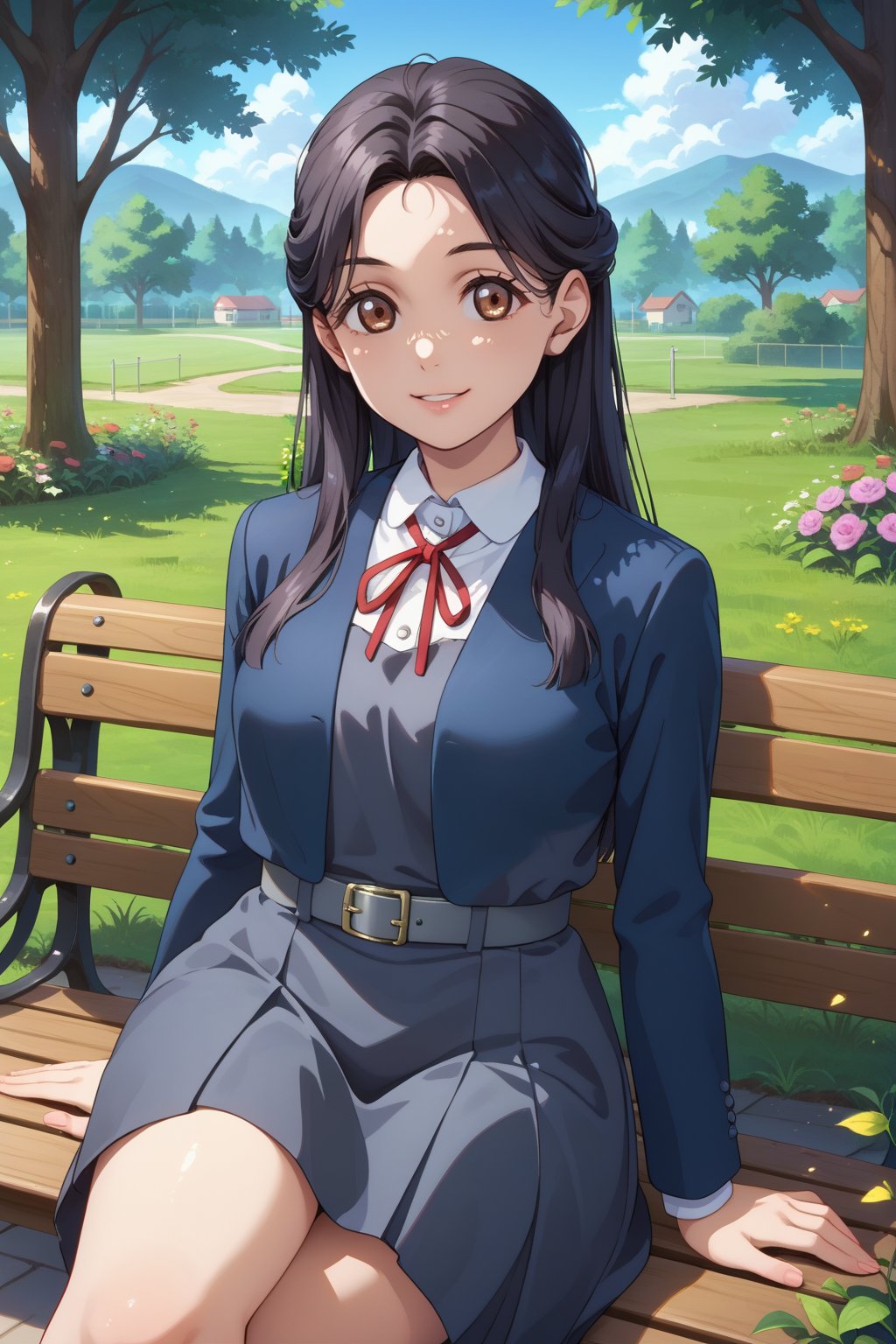 score_9, score_8_up, score_7_up, 1girl,hazukisan, black hair, brown eyes, long hair, parted lips, closed mouth, smile, looking at viewer,yuigaoka school uniform, grey dress, pianofore dress, grey belt, collared shirt, neck ribbon, red ribbon, blue blazer, outdoors, school backyard, trees, bench, garden, sitting, on bench, crossed legs<lora:EMS-468794-EMS:0.900000>