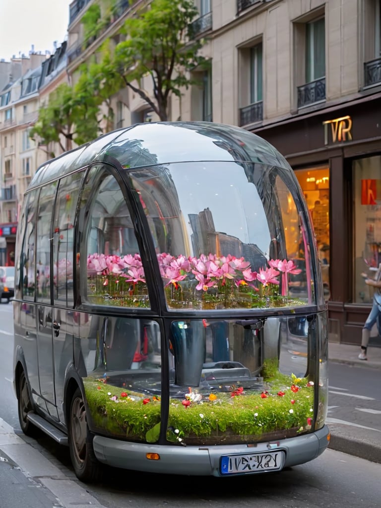 <lora:hhdb-XL:0.8>,hhdb01,ground vehicle,scenery,flower,motor vehicle,outdoors,road,lamppost,day,car,street,city,sign,building,window,reflection,no humans,