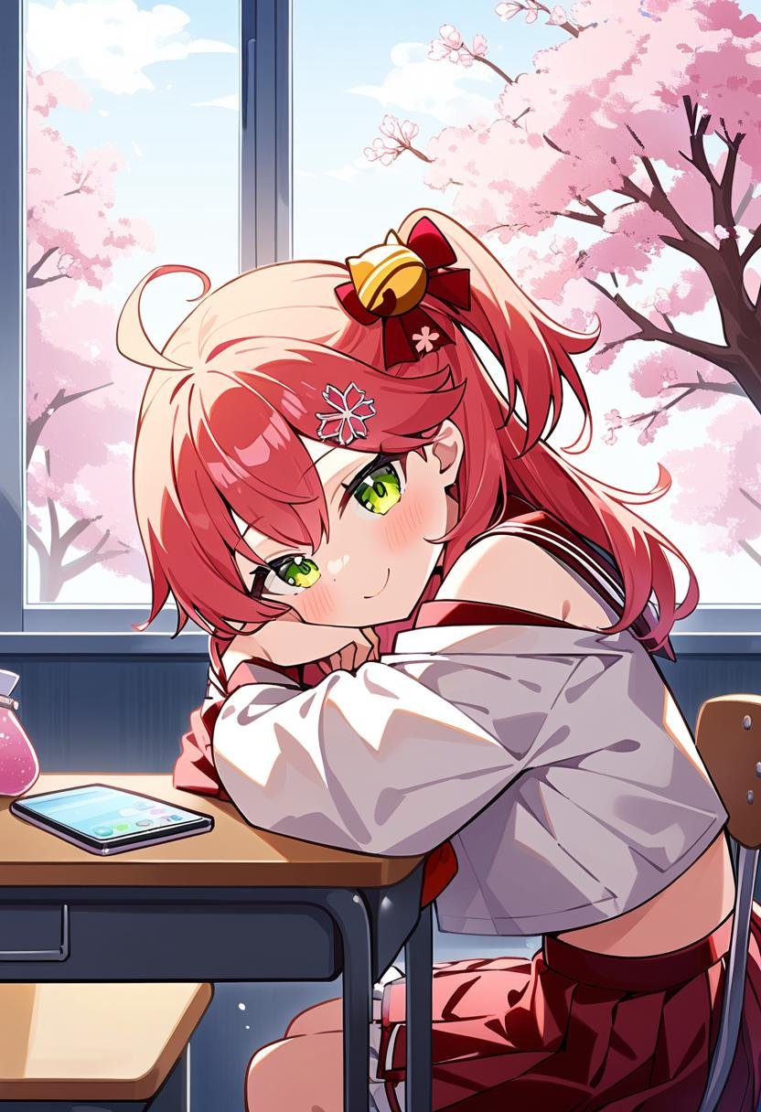 1girl, sakura miko, hololive, book, bow, cellphone, cherry blossoms, closed mouth, desk, from side, hair bow, hand up, head on hand, head rest, head tilt,  indoors, jacket, jacket partially removed, leaning forward, light blush, looking at viewer, looking to the side, one side up,  phone, school desk, school uniform, serafuku, sitting, smartphone, smile, solo, tree, window,masterpiece, best quality, very aesthetic, absurdres,