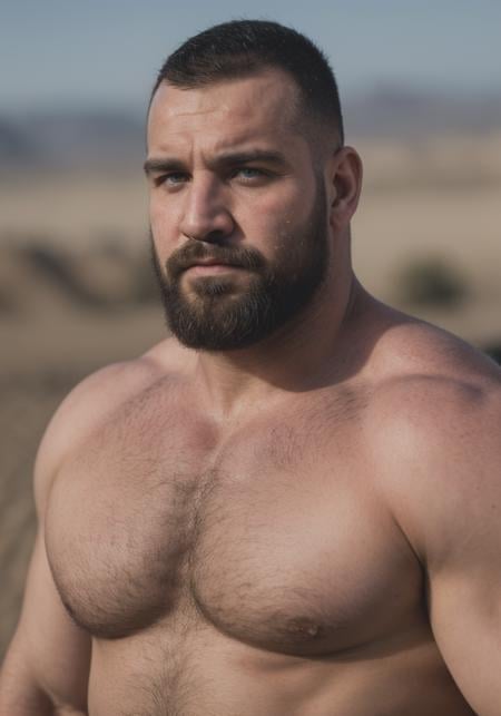 Highly detailed, cinematic portrait, Malefocus, A buff:burly:hairy:muscular:Turkish:Superhero+++(hairymusclebear), mid-30's, black hair, buzz cut, blue-eyes, round face, stubble+[goatee], looking in the distance, bokeh, depth of field, velvia, retro, 4K, desert