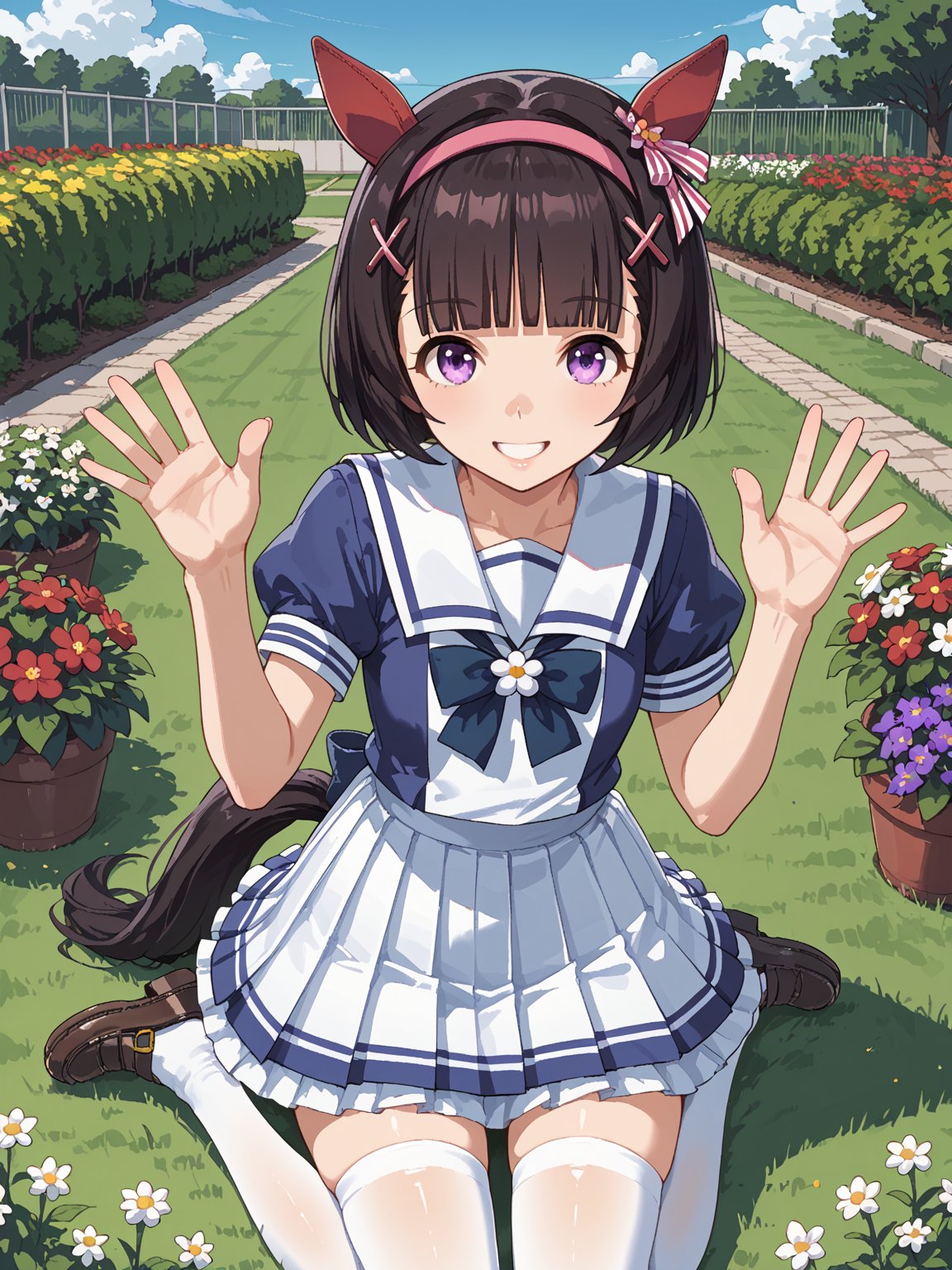 <lora:Nishino_flower_v1.0_Cibitai:0.7>,N_flower,bob cut,blunt bangs,short hair,blown hair,ear ornament,x hairclip,x hair ornament,pink hairband,purple eyes,horse ears,horse tail,small breasts,NF_schooluniform,sailor shirt,frilled skirt,sailor collar,blue ribbon on chest,short sleeves,white thighhighs,blown loafers,sitting,from above,smile,wind,flower, garden, looking at viewer,blue sky,waving, score_9, score_8_up, score_7_up,source_anime