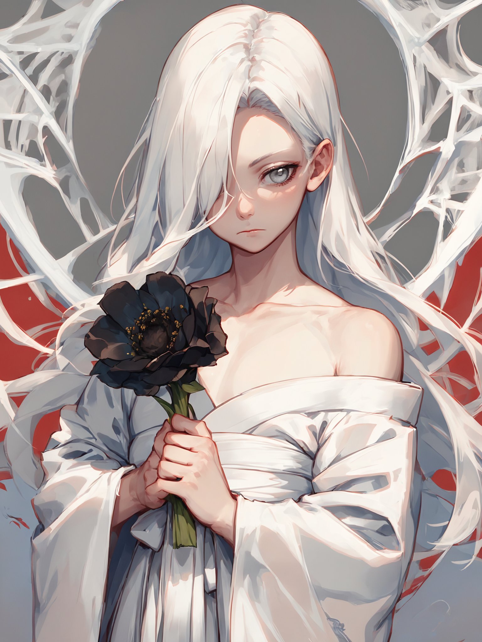 score_9, score_8_up, score_7_up, score_6_up, score_5_up, score_4_up,  <lora:Asekka pony:1>，1girl, holding Garlic flower, solo, white theme, holding, white hair, skull, looking at viewer, grey eyes, long hair, white eyes, bangs, closed mouth, blunt bangs, japanese clothes, long sleeves, white kimono, kimono, grey background, wide sleeves, straight hair, upper body, white hakama, covered collarbone, pale skin, red circle, jinbai, spider web, flat chest, hakama, off shoulder, ribbon, expressionless, hair over shoulder, white background, red ribbon, parted bangs, straight-on, albino, bare shoulders, silk, hand up, dutch angle, sidelocks, camellia, flower, holding flower, see-through, ribbon-trimmed sleeves, half-closed eyes, miko, bug, black flower, no mouth, multicolored eyes, spider, hand on own chest, forehead, ribbon trim, hair over one eye, 