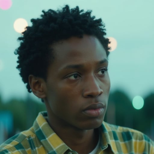 tightly curled hair is wearing a green and yellow plaid shirt. He is looking to his right with a serious expression. His left ear is visible. The background is blurred, but it appears to be a light blue sky with some out of focus trees in the distance. The background has a greenish tint., with a few out-of-focus lights in the background. The woman is the only figure in the image., and the image has a dark, but appears to be some sort of light blue wall with a pink object in the upper left corner.