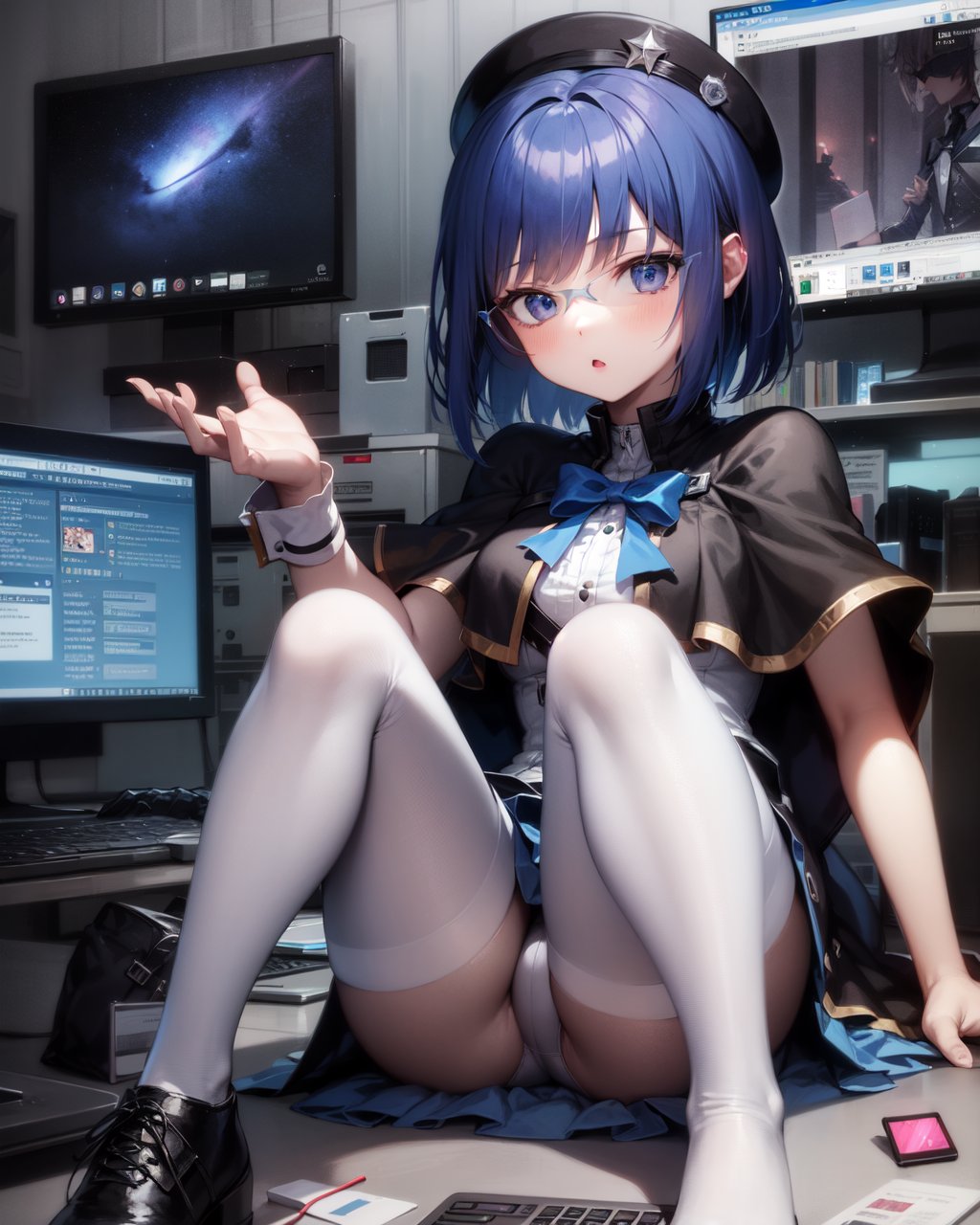 1girl, lillaevil, blue hair, blue eyes, short hair, black capelet, skirt, white pantyhose, blue demon wings, blue-tinted eyewear, mini hat,indoors, many computer monitors, phantom thief hideout, dark room, night sky<lora:lillav3:1>