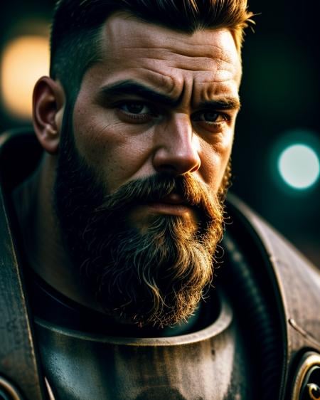 close up Portrait photo of muscular bearded guy in a worn mech suit, ((light bokeh)), intricate, (steel metal [rust]), elegant, sharp focus, photo by greg rutkowski, golden hour, vibrant colors, masterpiece, ((streets)), detailed face