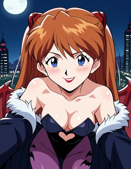 score_9, score_8_up, score_7_up, source_anime, asukalangleysoryu, <lora:asuka-langley-soryuu-classic-ponyxl-lora-nochekaiser:1>, asuka langley soryu, long hair, bangs, blue eyes, brown hair, hair ornament,, <lora:morrigan-aensland-cosplay-ponyxl-lora-nochekaiser:1>, morriganaenslandcosplay,head wings, lipstick, makeup, animal print, bat print, bat wings, black leotard, cleavage, clothing cutout, demon girl, fur trim, fur-trimmed leotard, heart cutout, leotard, low wings, pantyhose, print pantyhose, purple pantyhose, wings, bare shoulders, collarbone,, outdoors, cityscape, night, moon, bent over, smile, blush,, cowboy shot, dutch angle,