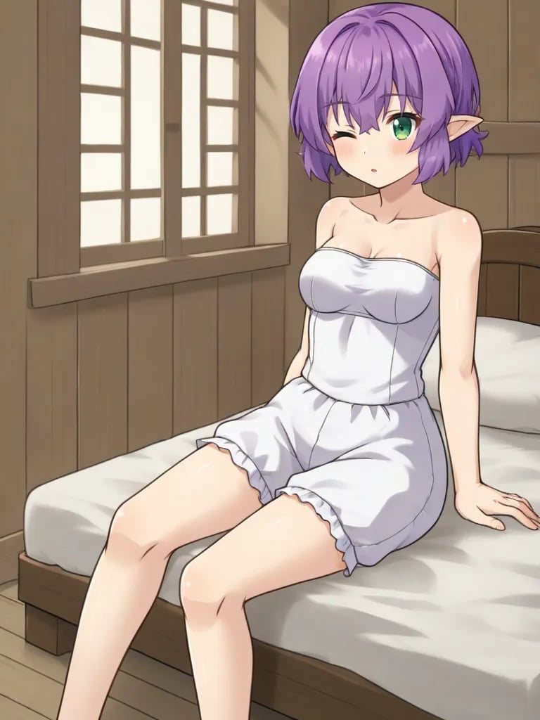 <lora:noelgmeister2pony:0.7>1girl, solo, noelgm2, purple hair, short hair, green eyes, pointy ears, medium breasts strapless, white croptop, sleeveless, white bloomers, sitting, bed, one eye closed, indoors, wooden house,