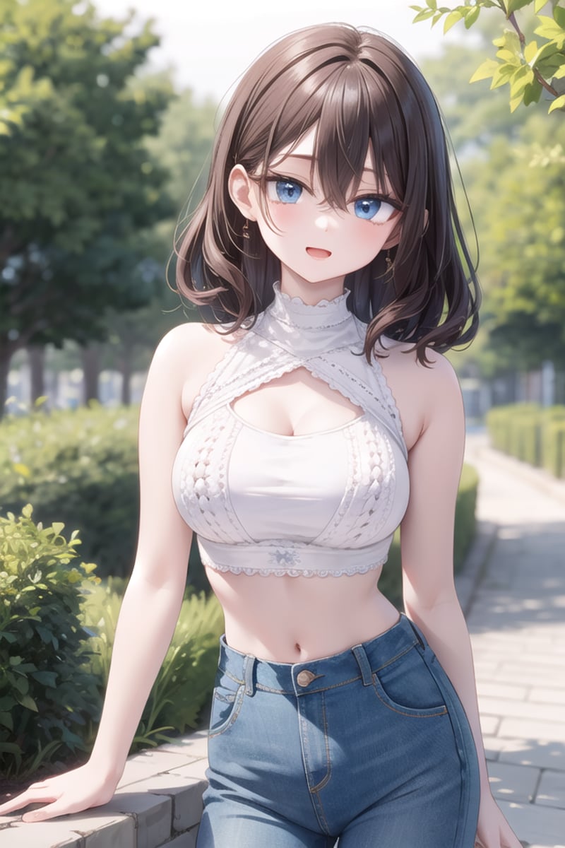 insanely detailed, absurdres, ultra-highres, ultra-detailed, best quality,1girl, solo, nice hands, perfect handsBREAK(white theme:1.4), (white crochet knit crop top:1.4), (halter neck:1.3),  ((sleeveless, bare shoulders, bare arms):1.3), (white pumps with heels:1.1)BREAK(denim palazzo pants:1.3), (ankle:1.3), (See-through:-1.5)BREAK(nsfw:-1.5)BREAKseductive smile, open mouthBREAK,standing, cowboy shot, looking at viewerBREAKslender, kawaii, perfect symmetrical face, ultra cute girl, ultra cute face, ultra detailed eyes, ultra detailed hair, ultra cute, ultra beautifulBREAKin forest, depth of field, ultra detailed backgroundBREAKlarge breastsBREAKbrown hair, brown eyes, curly hair, hair between eyes