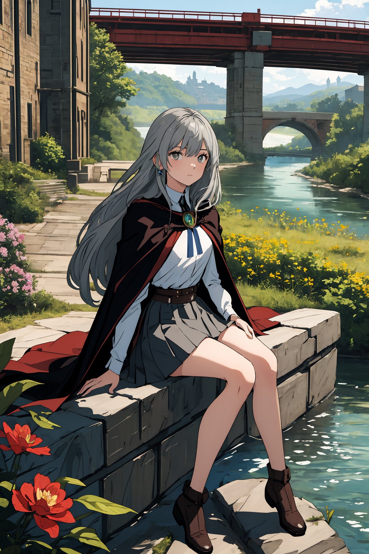 (best quality, masterpiece, highres),1girl,solo,grey hair,long hair,cape,skirt,gem,sitting,medieval,bridge,river,flower,dynamic_angle,wind,