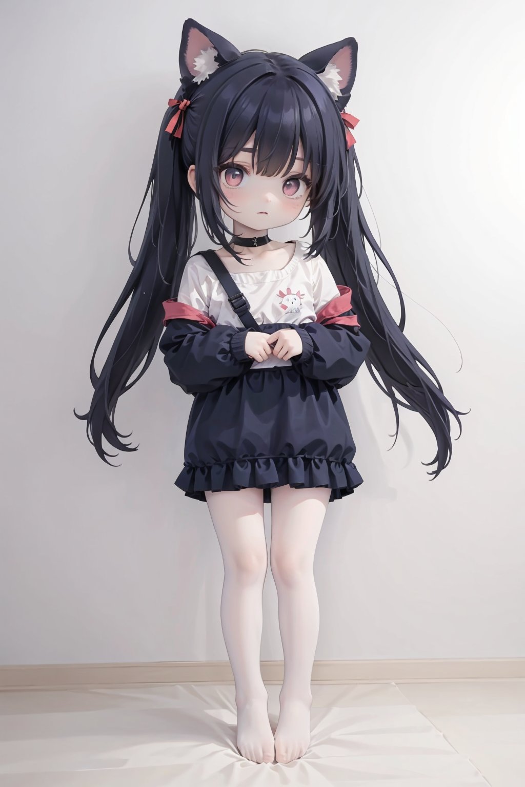 1girl,absurdres,animal_ear_fluff,animal_ears,bags_under_eyes,black_choker,black_hair,cat_ears,cat_girl,cat_tail,choker,full_body,highres,red_eyes,shouwang,simple_background,solo,stylus,sweater,tablet_pc,tail,thigh_strap,twintails,white_background,writing,xingye,autoappealing,autoappealingdb,best quality,masterpiece,nai3,