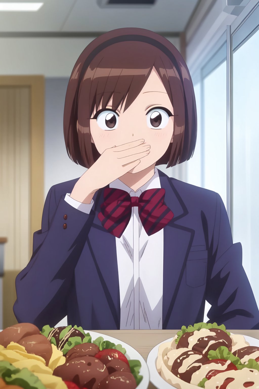 Ayami Sasaki, 4k, absurd, high resolution, ultra high resolution, high definition, masterpiece, illustration, 2d, anime style, 1girl, solo, short hair, brown hair, shirt, bow, school uniform, jacket, white shirt, food, bowtie, black eyes, red bow, blazer, covering mouth, hand over own mouth<lora:EMS-466062-EMS:0.800000>