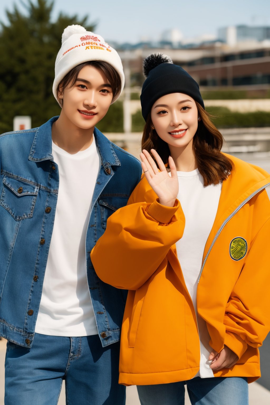 young woman,young man,playful pose,outdoor setting,urban backdrop,casual attire,denim jeans,white blouse,beanie hat,smiling,waving hand,sunny day,street fashion,fashion photography,youth culture,lifestyle,clear sky,warm colors,depth of field effect,fashion magazine layout,text overlay,Asian ethnicity,contemporary style,natural light,soft focus background,basketball hoop in background,friendship.,, masterpiece,best quality,ultra-detailed,