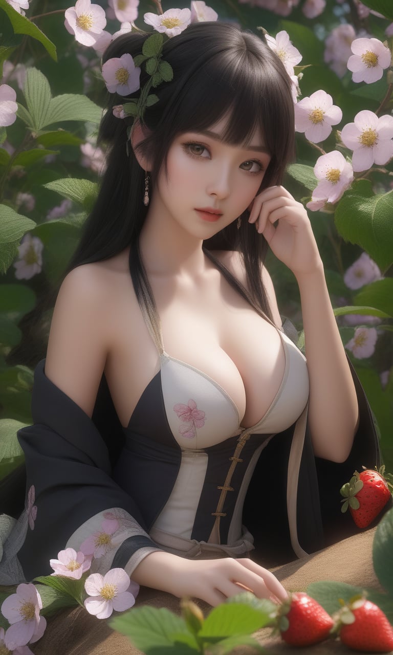 (,1girl, pov,best quality, )masterpiece, fantasy, realistic,science fiction,mole, ultra realistic 8k cg, ,tamari \(flawless\),  cleavage,large breasts  ,strawberry blossoms      ((()))