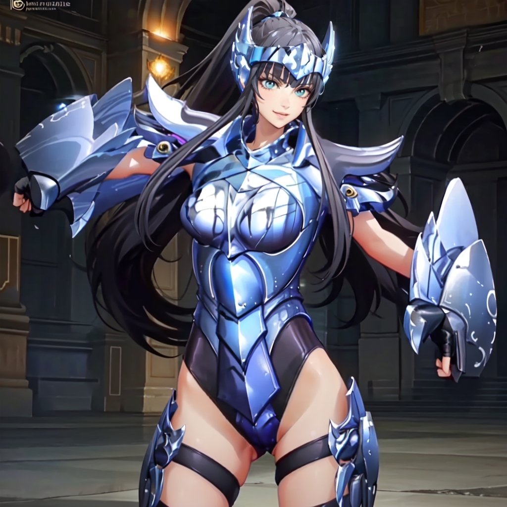 (attacking, punching:1.2), smile,  (cowboy shot:1.4), partita, 1milf, solo, black hair, boots, long hair, armor, boots, armored boots, leotard, shoulder armor, breasts, very long hair, pauldrons,  ponytail, (gloves,:1.4) gauntlets, thigh strap,  Headwear, beautiful background, masterpiece, best quality, highres, <lora:partita-05:1> 