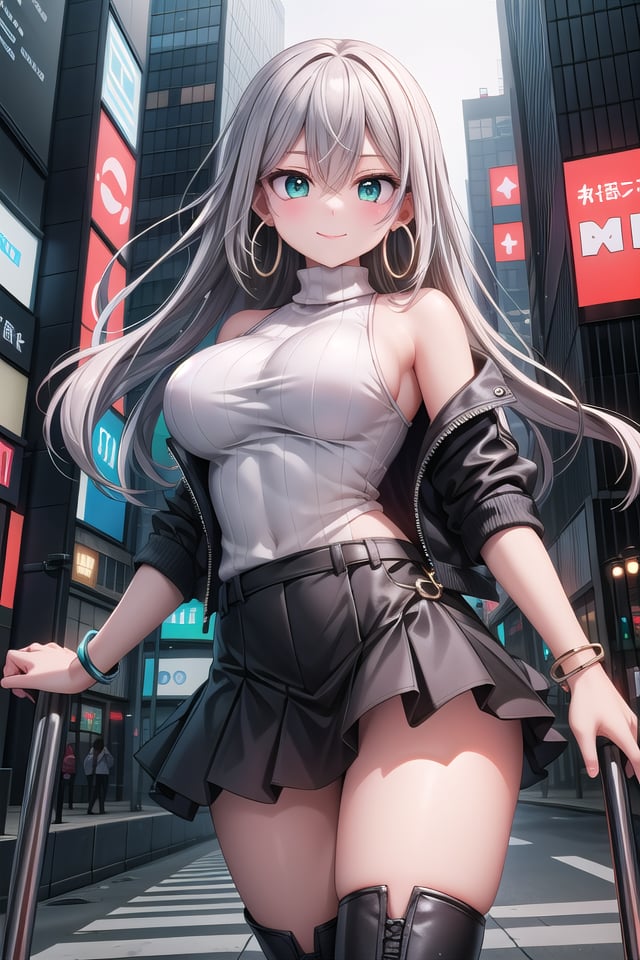 insanely detailed, absurdres, ultra-highres, ultra-detailed, best quality,1girl, solo, nice hands, perfect handsBREAK(Cyberpunk theme:1.2), ((wear an oversized white turtleneck with holographic circuit pattern) paired with (black A-line layered skirt):1.2), (black thigh-high boots:1.2)BREAK(silver accessories:1.2), (silver hoop earrings:1.2), (silver ankle bracelet:1.2)BREAKhappy smile, laugh, closed mouthBREAKfrom below,standing, cowboy shot, looking at viewerBREAKslender, kawaii, perfect symmetrical face, ultra cute girl, ultra cute face, ultra detailed eyes, ultra detailed hair, ultra cute, ultra beautifulBREAKshibuya, akihabara, tokyo, street, crowd, cityscape, depth of field, ultra detailed backgroundBREAKlarge breastsBREAKred hair, green eyes, herringbone braids, hair between eyes