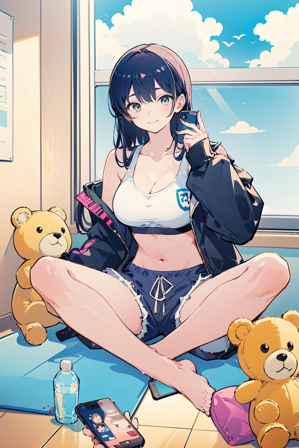 (masterpiece:1.2),best quality,PIXIV,Anna yamada,1girl,teddy bear,stuffed animal,stuffed toy,bottle,water bottle,solo,window,sitting,phone,breasts,black hair,shorts,long hair,cleavage,holding,barefoot,sky,cellphone,navel,dolphin shorts,indoors,indian style,midriff,jacket,cloud,holding phone,blue sky,large breasts,sports bra,smartphone,off shoulder,blush,closed mouth,black jacket,reflection,bangs,open clothes,smile,tank top,crop top,day,<lora:Anna yamada-000016:0.8>,