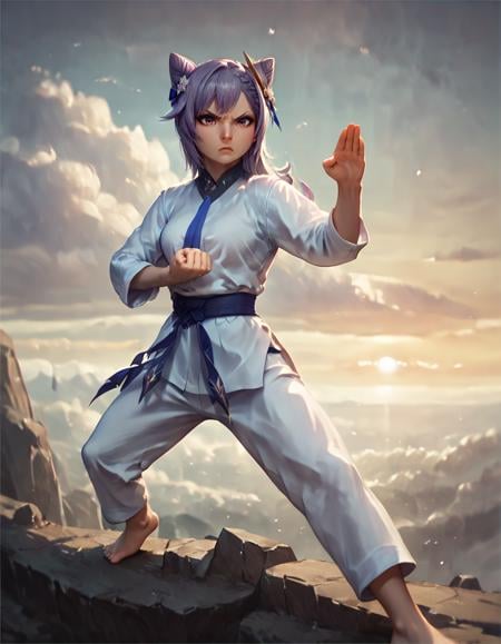 score_9, score_8_up, score_7_up, source_furry, clenched fist,hand up,shuto uke fighting stance, eula,on side, one leg ahead,keqing,black gloves,closed eyes, dramatic pov,solo,looking at viewer, relaxed, wind, clouds background, atop a cliff, sunset,martial arts action movie, movie still, <lora:shuto-uke:0.8>