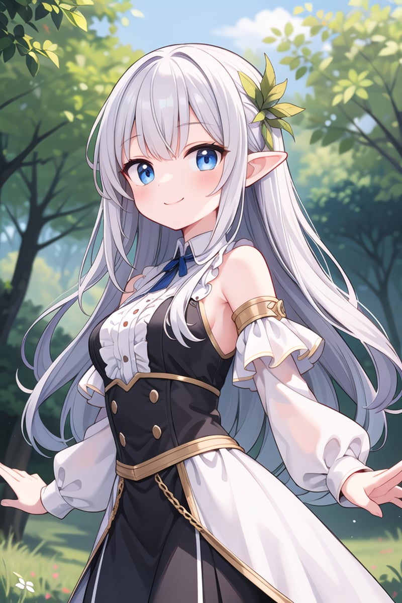 insanely detailed, absurdres, ultra-highres, ultra-detailed, best quality,1girl, solo, nice hands, perfect handsBREAKelf girl, (wearing sorcerer outfit:1.2), (nsfw:-1.5), (navel:-1)BREAKhappy smile, laugh, closed mouthBREAKfrom below,standing, cowboy shot, looking at viewerBREAKslender, kawaii, perfect symmetrical face, ultra cute girl, ultra cute face, ultra detailed eyes, ultra detailed hair, ultra cute, ultra beautifulBREAKfantasy world, in forest, river, depth of field, ultra detailed backgroundBREAKmedium breasts,BREAKsilver hair, long hair, elf ear, blue eyes
