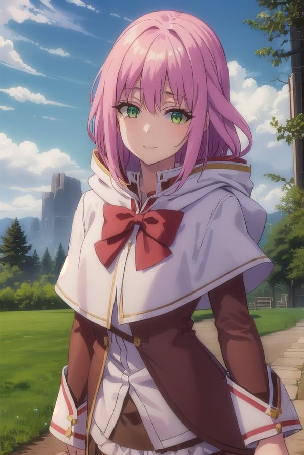 nornclatalissajioral, <lora:norn clatalissa jioral s1-lora-nochekaiser:1>,norn clatalissa jioral, long hair, hair between eyes, (green eyes:1.5), pink hair, smile,BREAK long sleeves, dress, bow, red bow, hood, robe, white robe,BREAK outdoors, forest, nature, grass, trees, sun, sky, clouds,BREAK looking at viewer, (cowboy shot:1.5),BREAK <lyco:GoodHands-beta2:1>, (masterpiece:1.2), best quality, high resolution, unity 8k wallpaper, (illustration:0.8), (beautiful detailed eyes:1.6), extremely detailed face, perfect lighting, extremely detailed CG, (perfect hands, perfect anatomy),