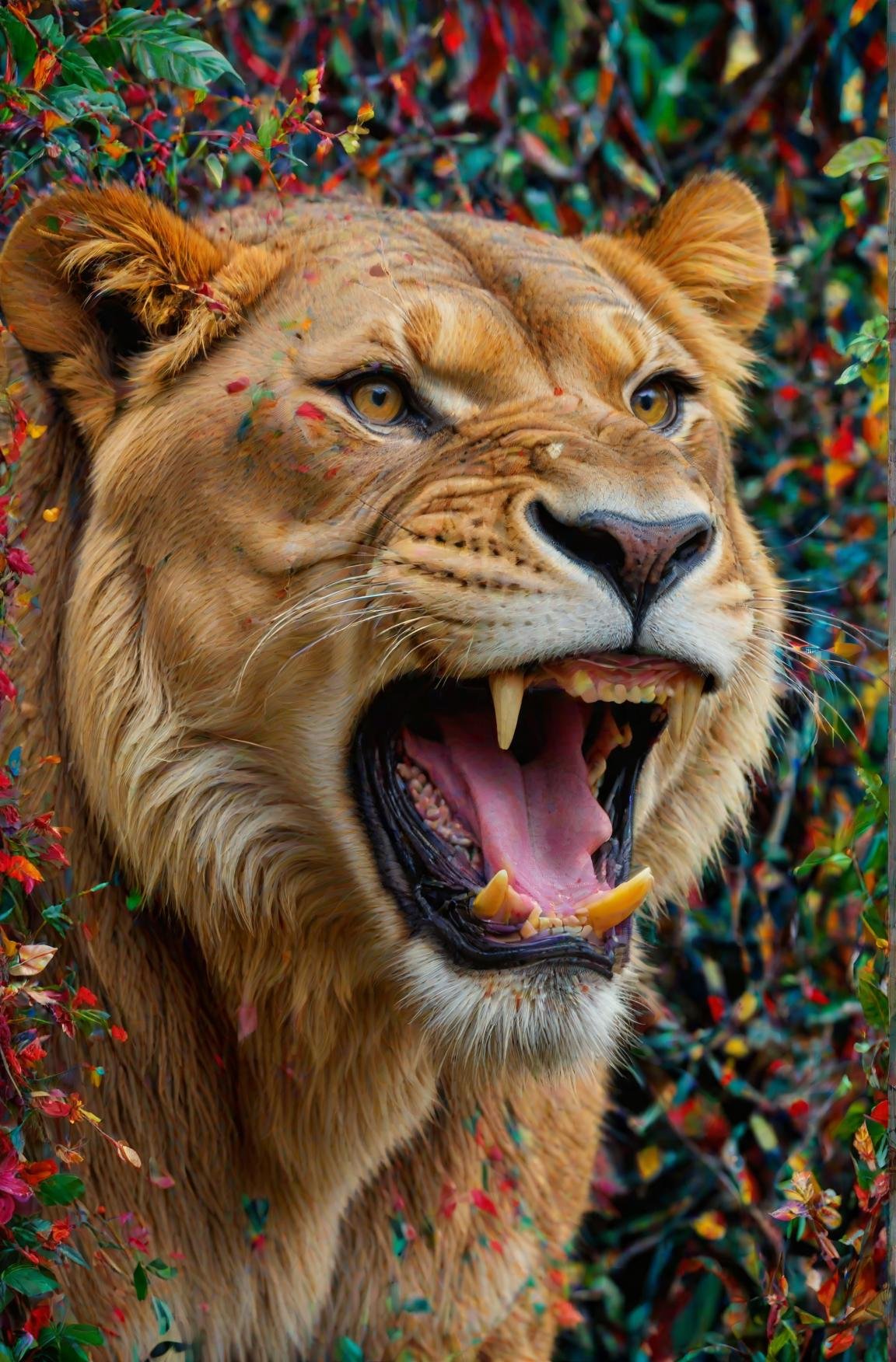 portrait of maximalist detailed lioness roaring in the abstract patterned jungle, beautiful high definition