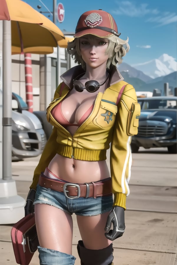 cindyaurum, <lora:cindy aurum ingame-lora-nochekaiser:1>,cindy aurum, short hair, blonde hair, (green eyes:1.3), wavy hair, smile,BREAK thighhighs, gloves, hat, navel, cleavage, jacket, swimsuit, bikini, shorts, black gloves, midriff, belt, black thighhighs, crop top, short shorts, denim, goggles, baseball cap, bikini top only, cropped jacket, denim shorts, goggles around neck,BREAK outdoors,BREAK looking at viewer, dynamic pose,BREAK <lyco:GoodHands-beta2:1>, (masterpiece:1.2), best quality, high resolution, unity 8k wallpaper, (illustration:0.8), (beautiful detailed eyes:1.6), extremely detailed face, perfect lighting, extremely detailed CG, (perfect hands, perfect anatomy),