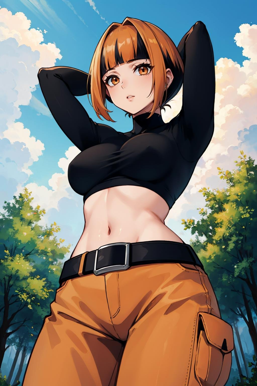 masterpiece, best quality,  <lora:gardenia-nvwls-v1-000008:1> natane, multicolored hair, black shirt, long sleeves, midriff, belt, orange shorts, large breasts, arms behind head, from below, forest, sky, clouds