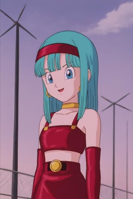 source_anime, score_9, score_8_up, score_7_up, anime screencap,bulla, 1girl, solo, long hair, aqua hair, looking at viewer, smile, open mouth, bangs, collarbone, :d, outdoors, sky, cloud, night, bridal gauntlets, eyelashes, hoop earrings, eyebrows, miniskirt, bare shoulders, cloudy sky,, hairband, red hairband, earrings, blue eyes, elbow gloves, red gloves, fingerless gloves, crop top, red topwear, midriff, yellow belt, skirt, red skirt <lora:bulla_pony_v1:0.7>