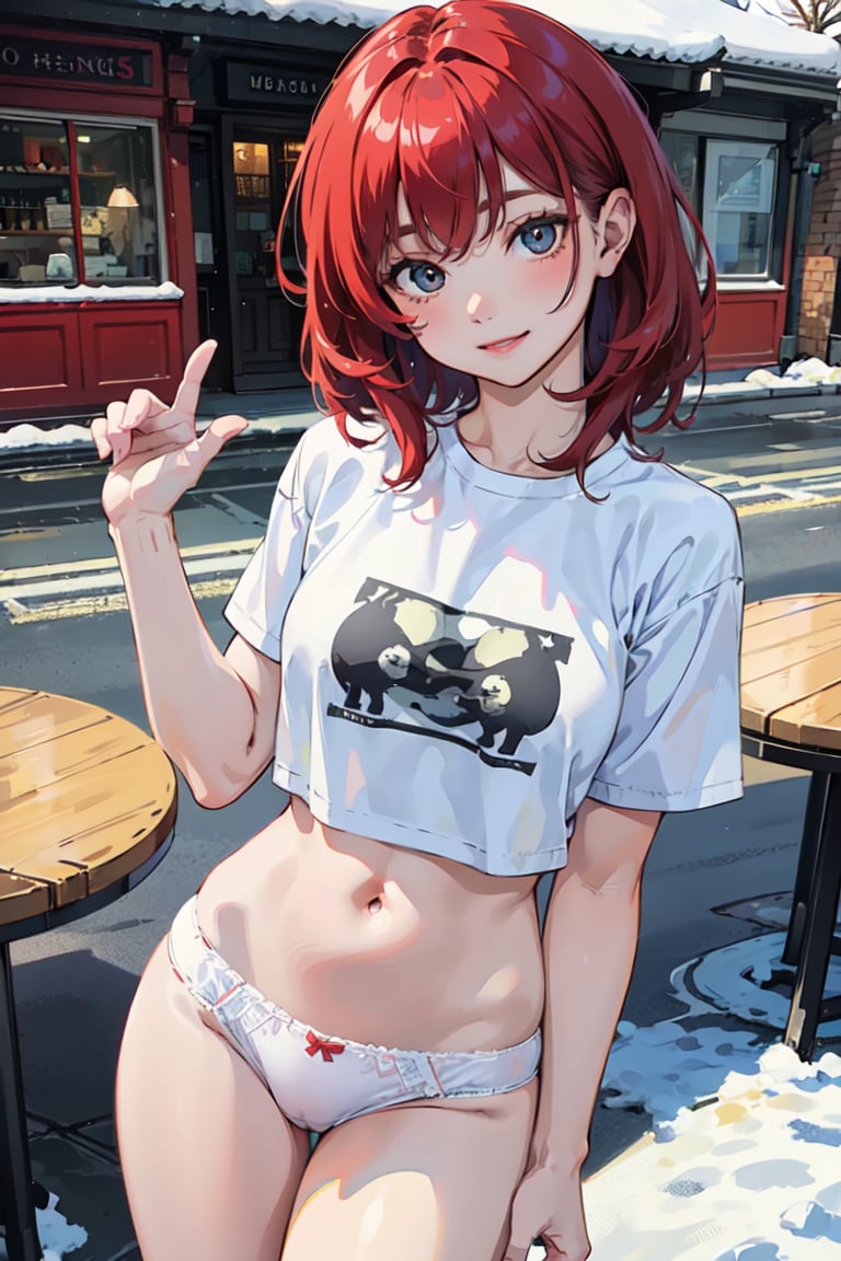 best quality, high resolution, distinct image, (beautiful detailed girl:1.1), (sidelighting:1.1), 1girl, bangs, red hair, medium hair, messy_hair, breasts, light smile, no pants, white shirt, panties, arms up, bent_over, looking at viewer, (outdoors:1.1), meme, midriff, navel, solo, standing, stomach, tremblinge table:1.2), winter, snowy, snow, city view, limited palette, (arm + hand + 1_thumb), Five fingers each, perfect hands, cats