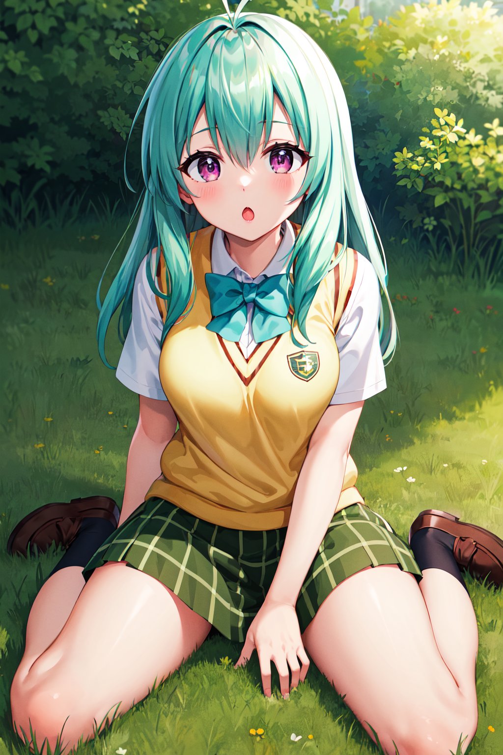 masterpiece, best quality, highres, aarej, solo, long hair, antenna hair, purple eyes, school uniform, green bowtie, white shirt, sweater vest, yellow vest, short sleeves, plaid skirt, green skirt,  <lora:run_elsie_jewelria_v1:0.7>, :o, wariza, grass,