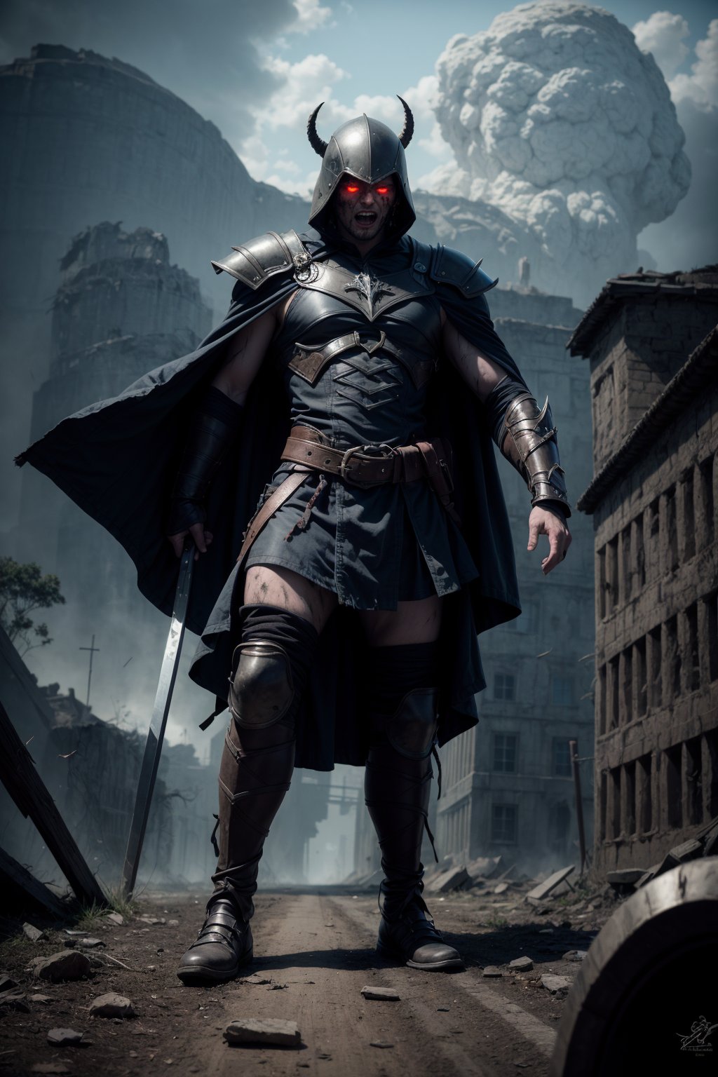 (masterpiece), (best quality:1.4), absurdres, [:intricate details:0.2], 1man, Pitch black armor, menacing helm, ebony greatsword, blood-red cape, thundering hooves, decimated battlefield, fallen enemies, twisted smile, relentless charge, shattered shields, severed limbs, gurgling screams, deathly silence, unstoppable force, towering stature, chilling aura, demonic eyes, cursed blade, fallen allies, broken bones, fear-stricken foes, scarred landscape, smoldering ruins, ominous clouds, blood-soaked ground, suffocating darkness, haunting laughter, bone-chilling whispers, mangled corpses, ruthless efficiency,