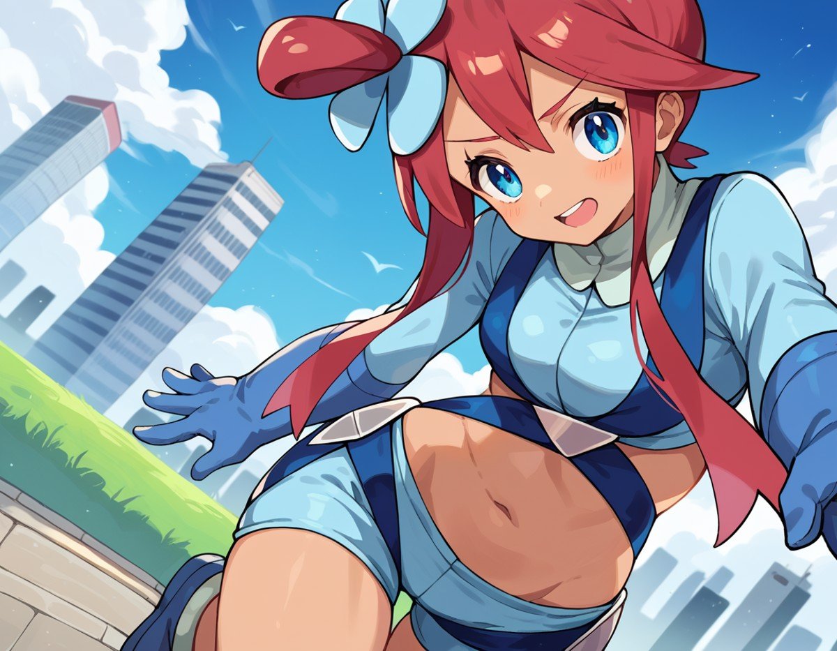 score_9, score_8_up, score_7_up, source_anime,pokemonskyla, <lora:pokemon-skyla-ponyxl-lora-nochekaiser:1>pokemonskyla, blue eyes, hair ornament, one side up, red hair, short hair with long locks, sidelocks,blue footwear, blue gloves, blue jacket, blue shorts, boots, crop top, cropped jacket, gloves, jacket, midriff, navel, short shorts, shorts, thigh pouch,outdoors, cityscape, bent over,looking at viewer, cowboy shot, dutch angle,