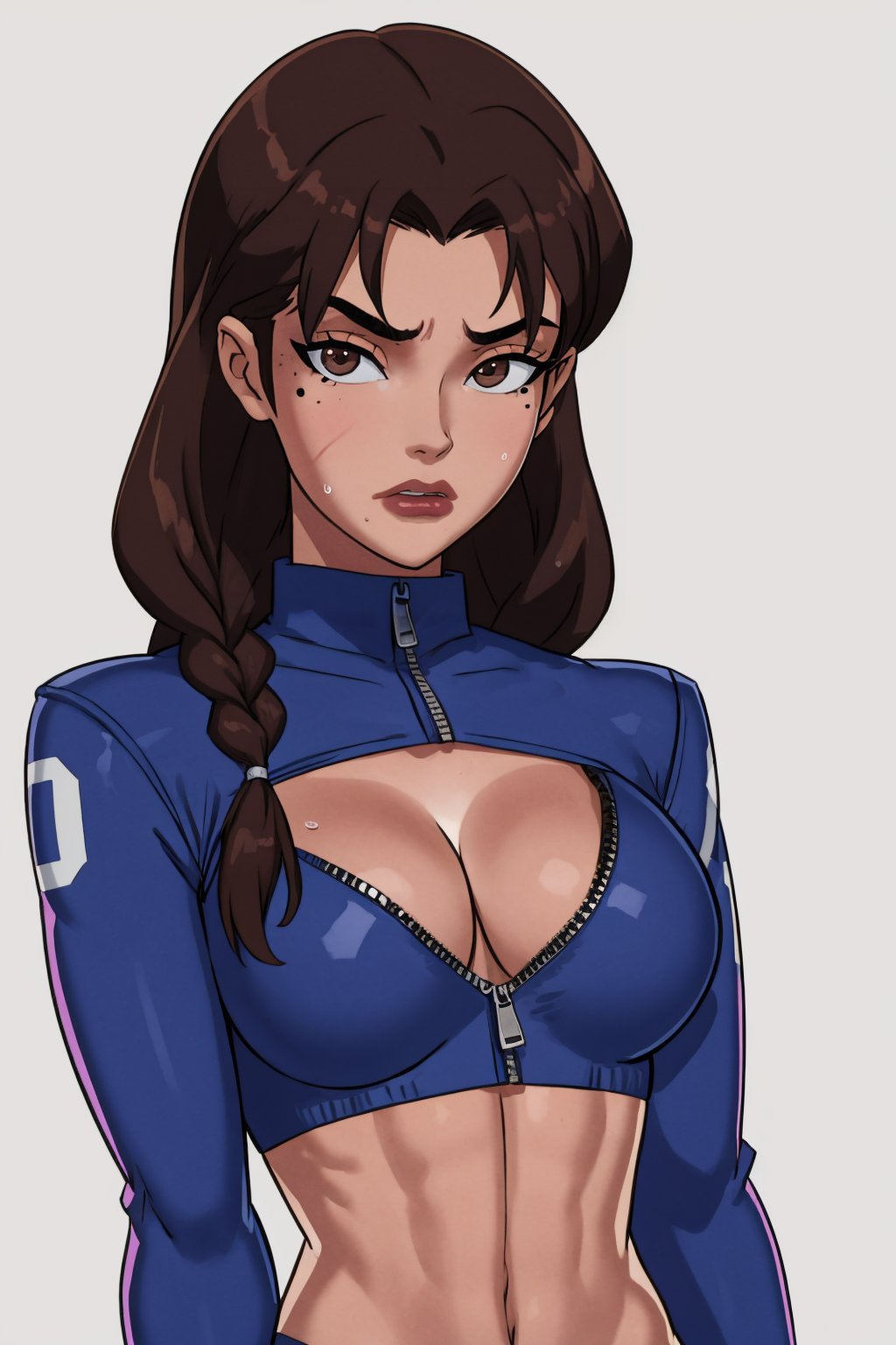 (masterpiece, best quality:1.2),   <lora:somethingunlimited:1>, somethingunlimited, 1girl, breasts, solo, gloves, jumpsuit, brown hair, sports bra, mole, navel, braid, dark skin, brown eyes, white background, cleavage, hair over shoulder, sweat, dark-skinned female, long hair, looking at viewer, mole on breast, simple background, scar, abs, unzipped, zipper, partially unzipped, thick eyebrows, black gloves, medium breasts