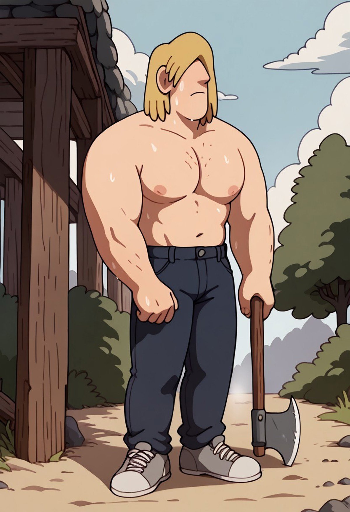 score_9, score_8_up, score_7_up BREAK TnnrCl, 1boy, shoulder-length blonde hair, hair covering eyes, shirtless, dark blue pants, gray shoes, chopping wood with axe, sweating, rural countryside outdoors, 