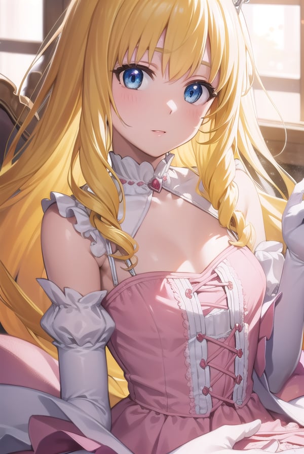 latifafleuranza, <lyco:latifafleuranza-lyco-nochekaiser:1>,latifa fleuranza, (yellow hair:1.5), blue eyes, long hair, (flat chest:1.2),BREAK diadem, tiara, elbow gloves, gloves, white gloves, dress, frilled dress, long skirt, frilled skirt, corset, (pink dress:1.5),BREAK looking at viewer, full body,BREAK indoors,BREAK <lyco:GoodHands-beta2:1>, (masterpiece:1.2), best quality, high resolution, unity 8k wallpaper, (illustration:0.8), (beautiful detailed eyes:1.6), extremely detailed face, perfect lighting, extremely detailed CG, (perfect hands, perfect anatomy),