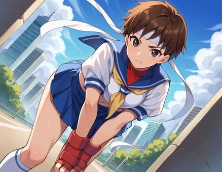 score_9, score_8_up, score_7_up, source_anime,sakurakasugano, <lora:sakura-kasugano-ponyxl-lora-nochekaiser:1>,sakura kasugano, brown eyes, brown hair, short hair, mature female,ankle socks, blue skirt, crop top, headband, midriff, miniskirt, navel, sailor collar, school uniform, shoes, short sleeves, skirt, sneakers, socks, stomach, shirt, white shirt, white headband, gloves, red gloves,outdoors, cityscape, bent over,looking at viewer, dutch angle, cowboy shot,