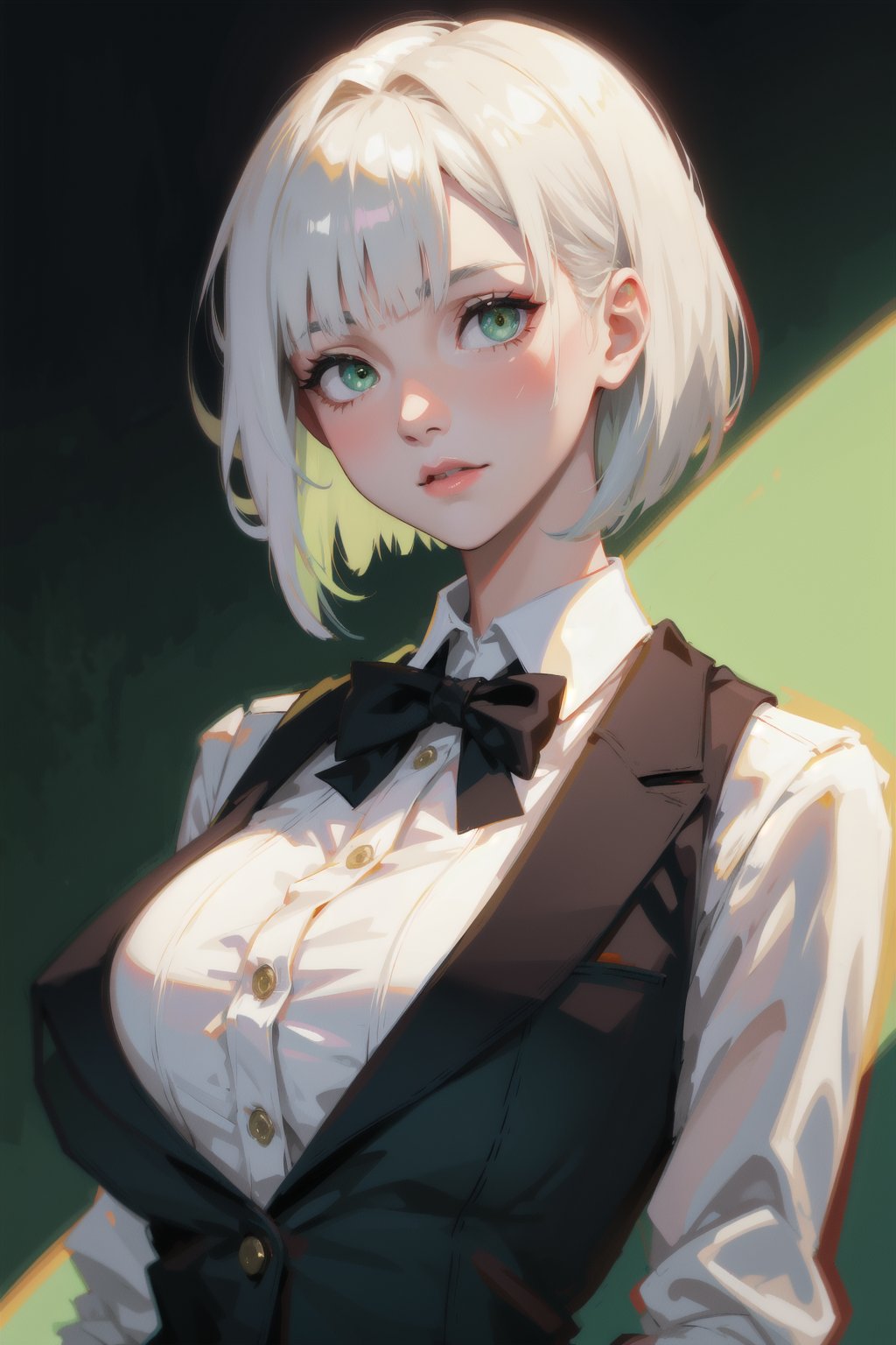 1girl,  green eyes,  eyes , white hair, razor cut hair, short hair, best quality, absurdres, dark theme, (large breasts:1.1), simple background,  vest, white shirt, collared shirt, black vest, formal, bowtie